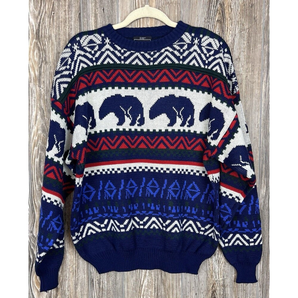 Vtg Demetre Sweater Mens L‎ Wool Blend Bear Pattern Nordic Fair Isle Cabincore